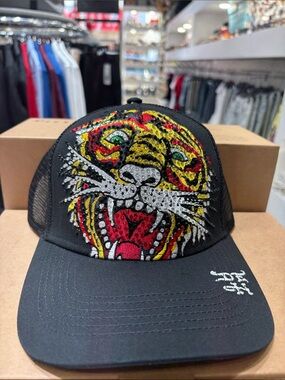 Ed Hardy Black Mesh Cap with Multicolor Tiger Embellishment